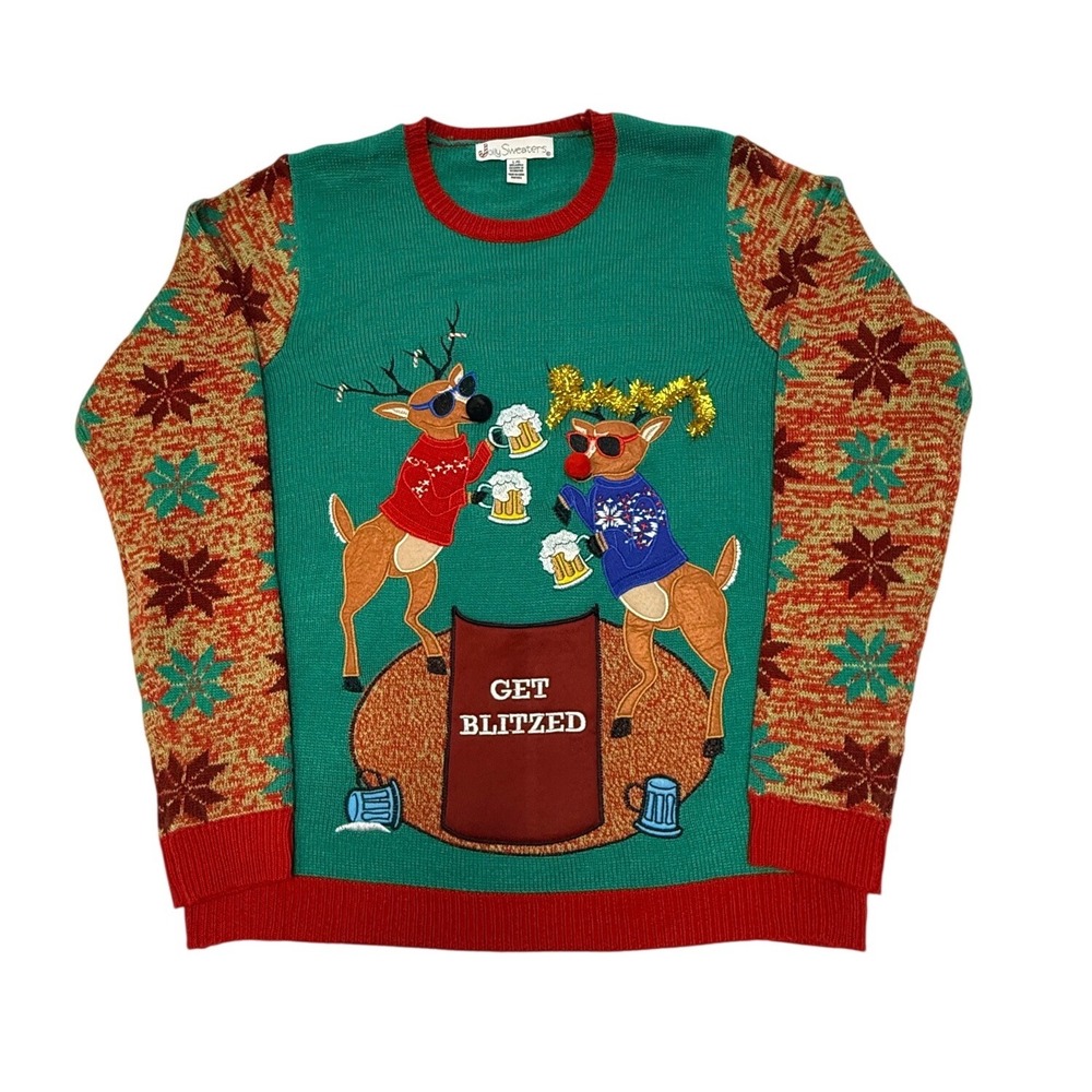 Jolly Sweaters Get Blitzed Reindeer Beer Pocket Ugly Christmas Sweater Large
